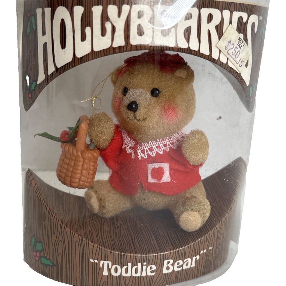 Vintage Flocked Hollybearies Toddie Bear Ornament - 3.5in - Basket of Holly